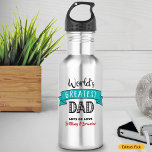 World’s Greatest Dad, Cool Bold Modern Teal Banner Stainless Steel Water Bottle<br><div class="desc">“World’s Greatest Dad.” Let Dad know what you really think of him. Time for him to quench his thirst after a workout with this cool water bottle sporting modern black, red, and white typography and a teal blue banner on a stainless steel background. Customize with his child’s(children’s) name(s) for the...</div>