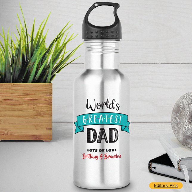 World’s Greatest Dad, Cool Bold Modern Teal Banner Stainless Steel Water Bottle (Creator Uploaded)