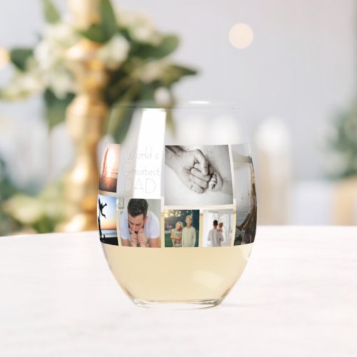Worlds Greatest Dad Family Child 7 Photo Collage Stemless Wine Glass