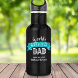 World’s Greatest Dad Modern Cool Teal Banner Black Stainless Steel Water Bottle<br><div class="desc">“World’s Greatest Dad.” Let Dad know what you really think of him. Time for him to quench his thirst after a workout with this cool water bottle sporting modern white typography and a teal turquoise blue banner on a navy blue background. Customize with his child’s(children’s) name(s) for the perfect, personalized...</div>