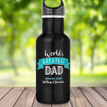 World’s Greatest Dad Teal Banner Bold Type Modern Stainless Steel Water Bottle<br><div class="desc">“World’s Greatest Dad.” Let Dad know what you really think of him. Time for him to quench his thirst after a workout with this cool water bottle sporting modern white typography and a teal turquoise blue banner on a navy blue background. Customize with his child’s(children’s) name(s) for the perfect, personalized...</div>
