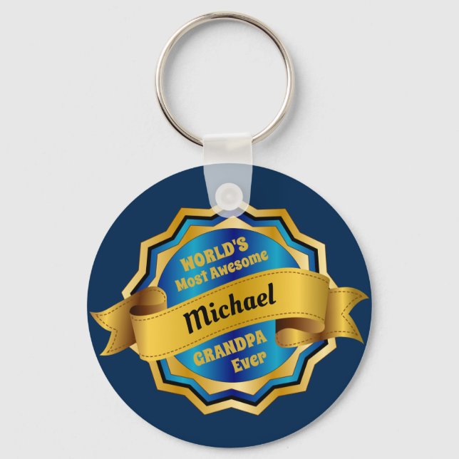 World’s Most Awesome Grandpa Gold Blue Award Keychain (Front)