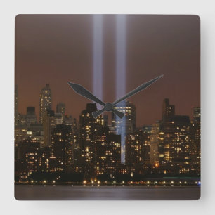 World trade center tribute in light in New York. Square Wall Clock