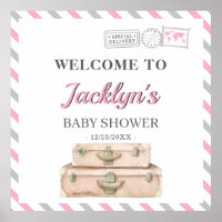 World Travel Airplane Baby Girl Shower Welcome Poster
