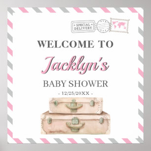 World Travel Airplane Baby Girl Shower Welcome Poster