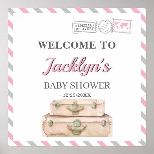World Travel Airplane Baby Girl Shower Welcome Poster