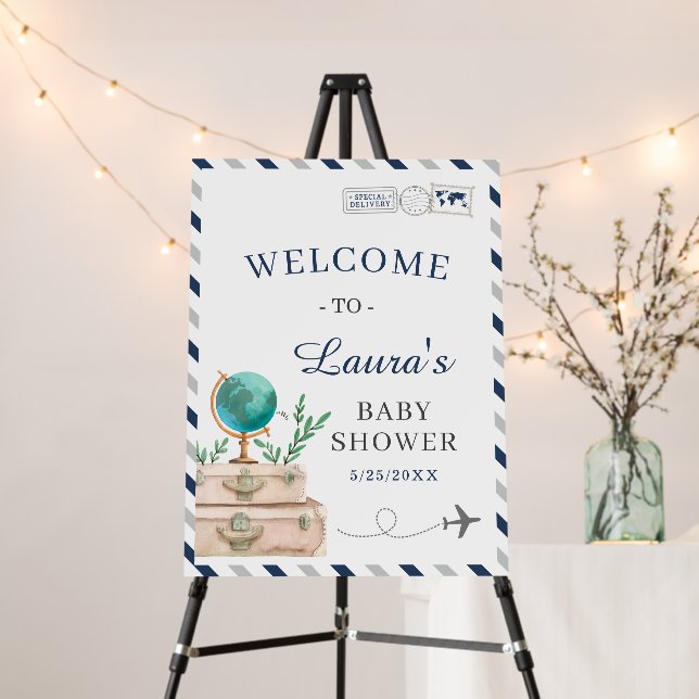 World Travel Airplane Boy Baby Shower Navy Gray Foam Board (In Situ (Stand))