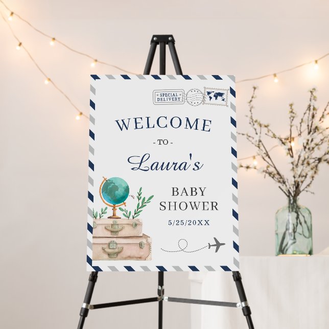 World Travel Airplane Boy Baby Shower Navy Welcome Foam Board (In Situ (Stand))