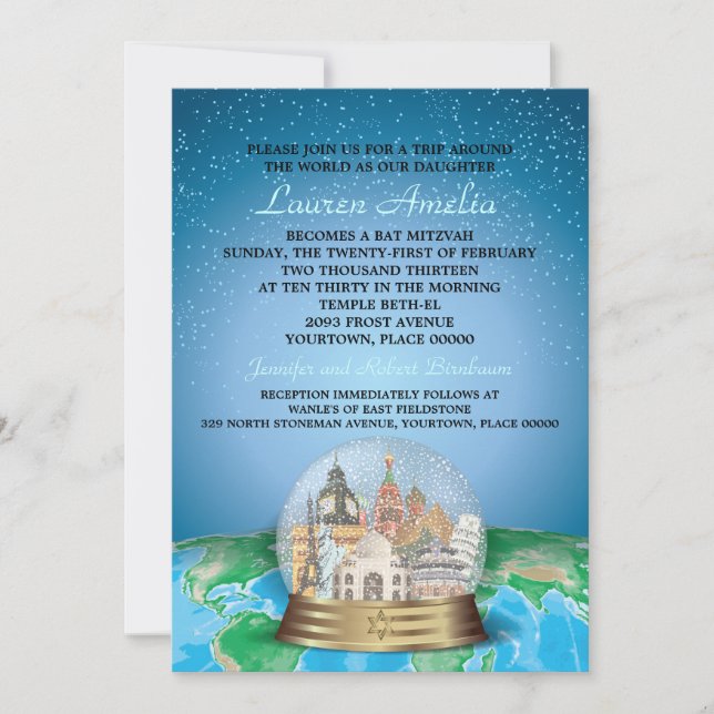 World Travel Bar Bat Mitzvah Snow Globe Invitation (Front)