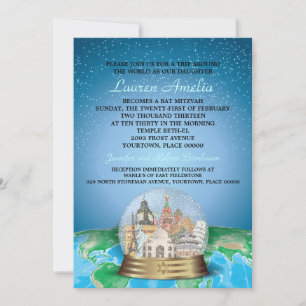 World Travel Bar Bat Mitzvah Snow Globe Invitation