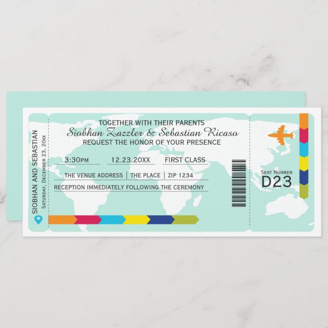 World Travel Boarding Pass Wedding Ticket Invitation (Front/Back)