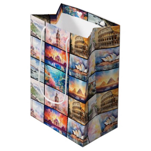 World Travel Destinations in Watercolor Medium Gift Bag