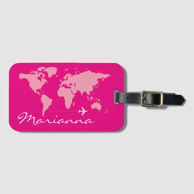 world travel hot pink & custom luggage tag (Front Horizontal)