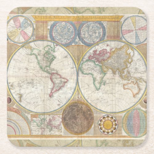 World Travel Map Antique Vintage Square Paper Coaster