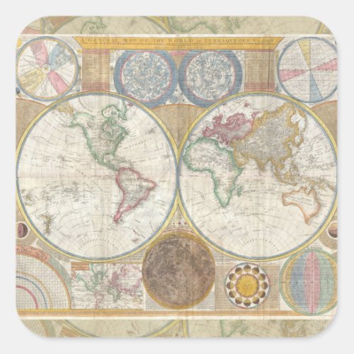 World Travel Map Antique Vintage Square Sticker