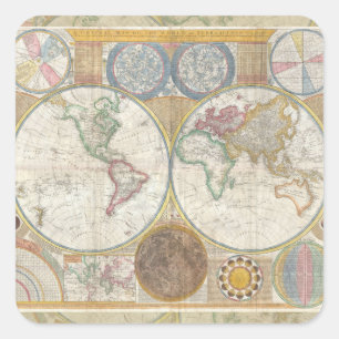 World Travel Map Antique Vintage Square Sticker