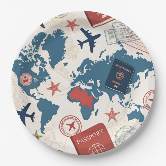 World Travel Map Pattern Paper Plates (Front)