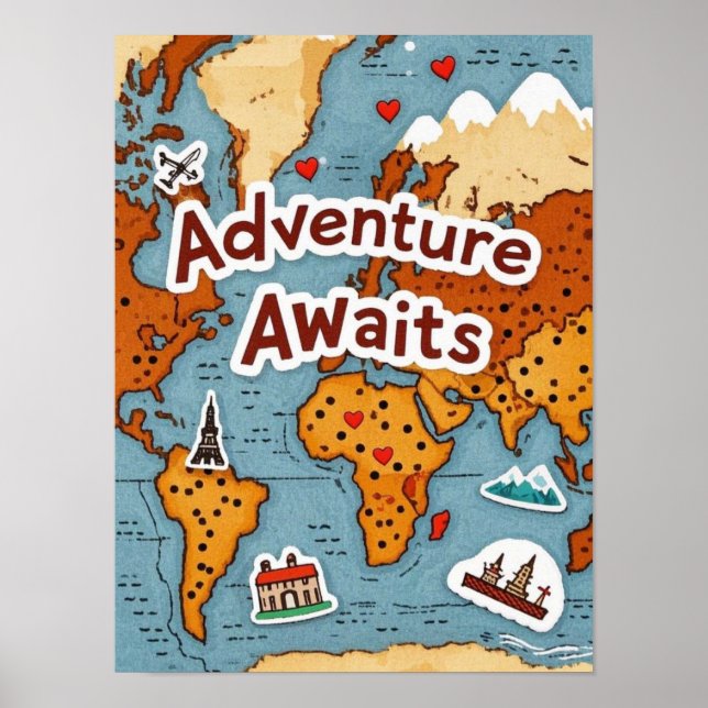 World Travel Map with quote Poster (Front)