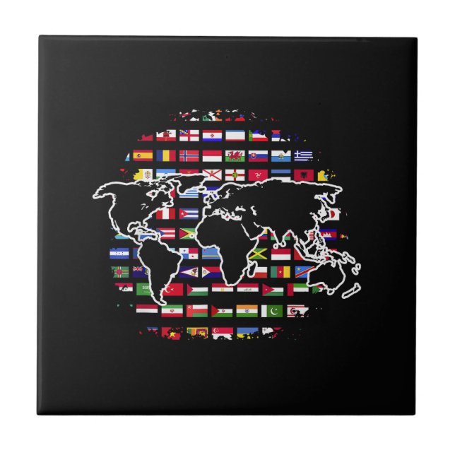 World Travel Map World Map International Flags Ceramic Tile (Front)