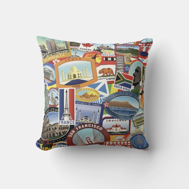 World Travel Pattern Throw Pillow (Front)