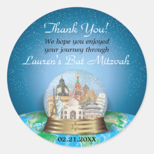 World Travel Snow Globe Bar Bat Mitzvah Classic Round Sticker