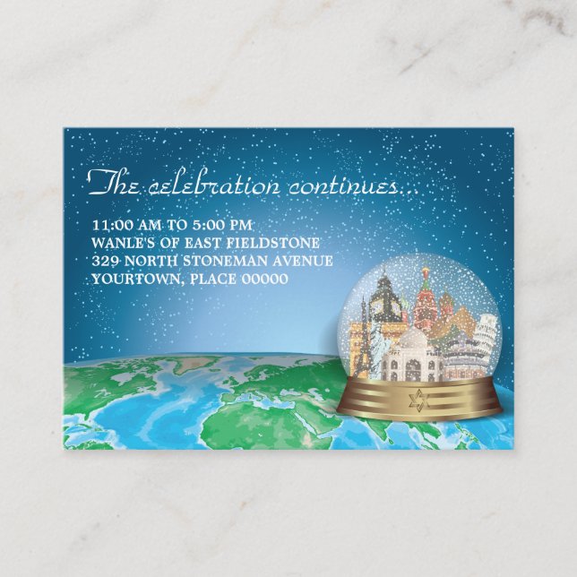 World Travel Snow Globe Bar Bat Mitzvah Reception Enclosure Card (Front)