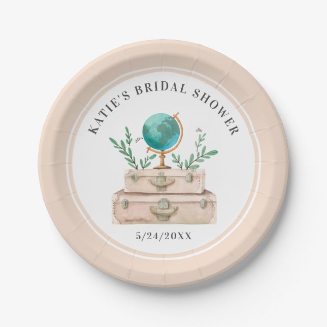 World Travel Suitcase Bridal Shower Bachelorette Paper Plates (Front)