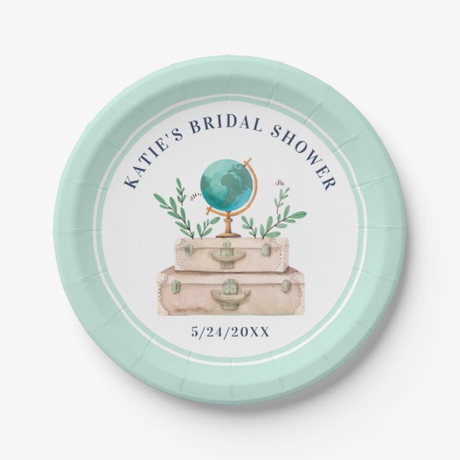 World Travel Suitcase Bridal Shower Light Blue Paper Plates (Front)