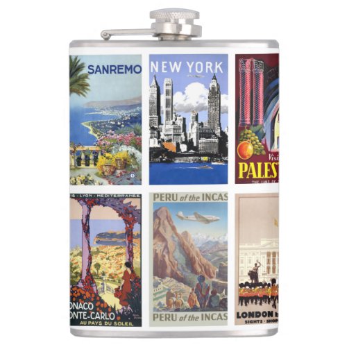 World travel vintage collage posters flask