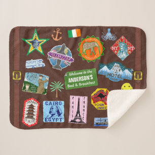 World Travel Vintage Luggage Sticker Suitcase Name Sherpa Blanket