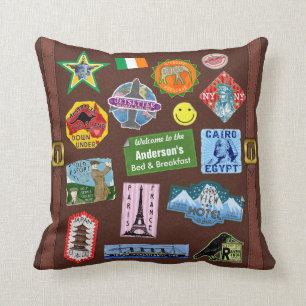 World Travel Vintage Luggage Sticker Suitcase Name Throw Pillow