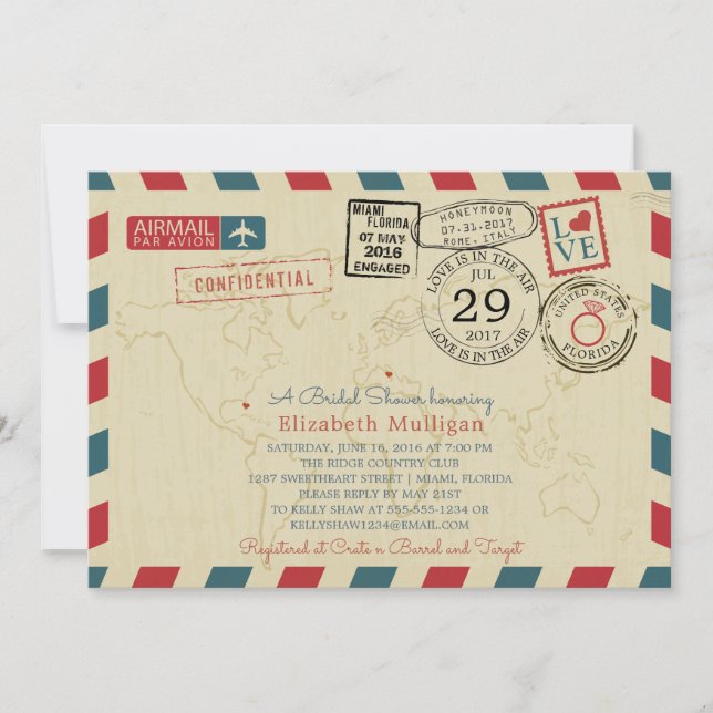 World Traveler Airmail |  Bridal Shower Invitation (Front)