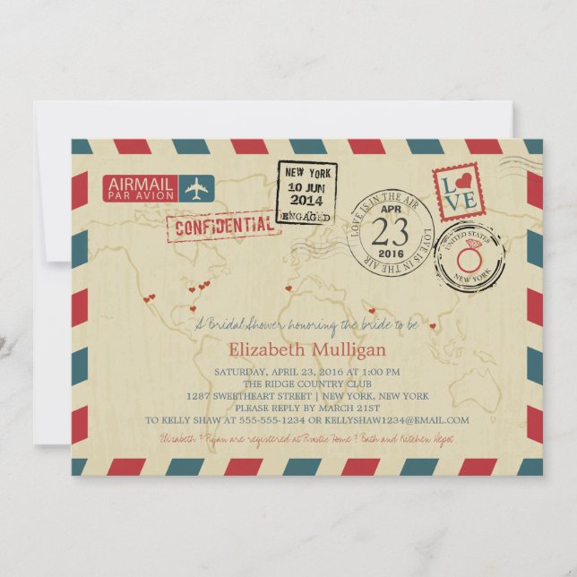 World Traveler Airmail | New York Bridal Shower Invitation (Front)