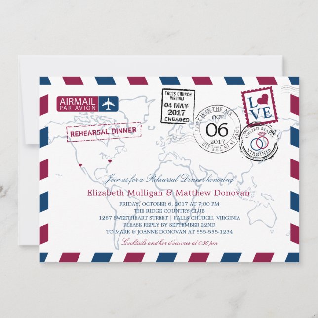 World Traveler Airmail |  Rehearsal Dinner Invitation (Front)