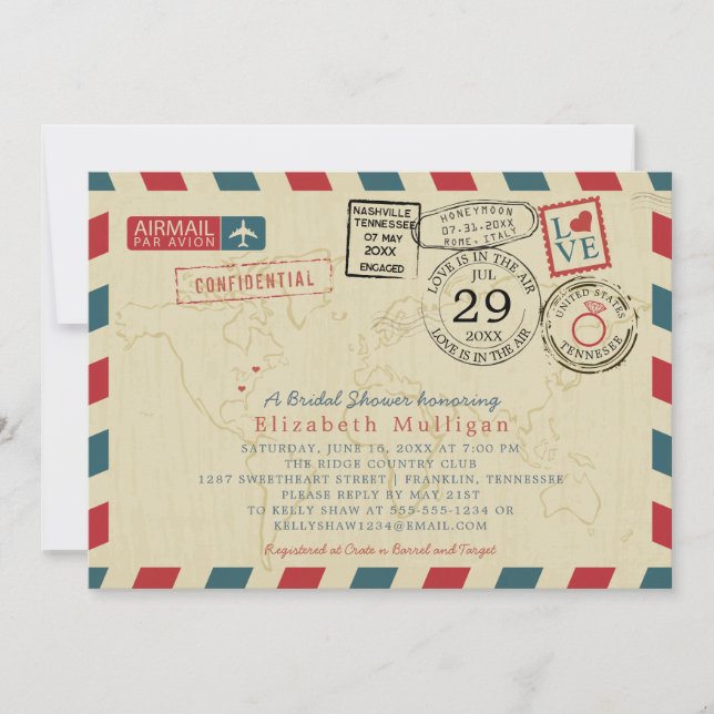 World Traveler Airmail Tennessee Bridal Shower Invitation (Front)