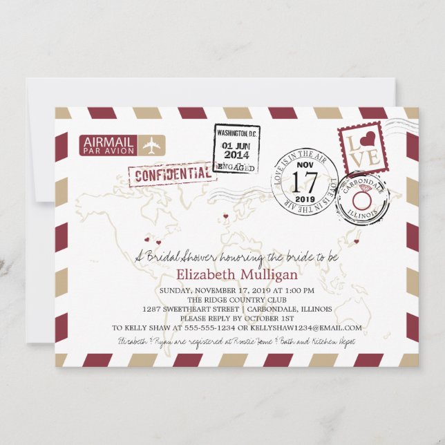 World Traveler Airmail Washington DC Bridal Shower Invitation (Front)