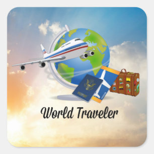 World Traveler, airplane, passport, ticket, Square Sticker
