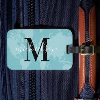 World Traveler Aqua Blue Map Custom Monogram Name Luggage Tag