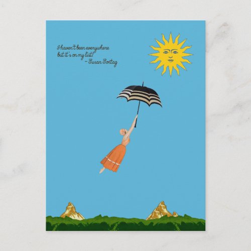 World traveler card with flying woman and umbrella