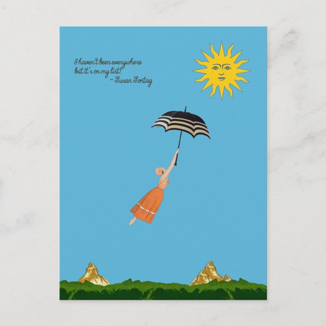 World traveler card with flying woman and umbrella (Front)