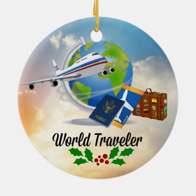 World Traveler, Design 2, with Christmas holly Ceramic Ornament (Back)