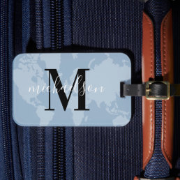 World Traveler Dusty Blue Map Custom Monogram Name Luggage Tag