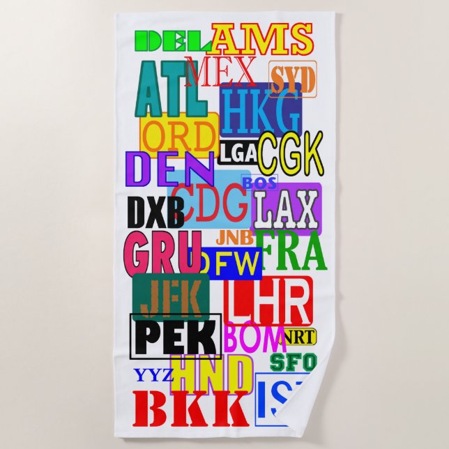 World Traveler International Airport Codes Beach Towel (Front)