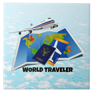 World Traveler - Map, Passport, and Tickets, Ceramic Tile