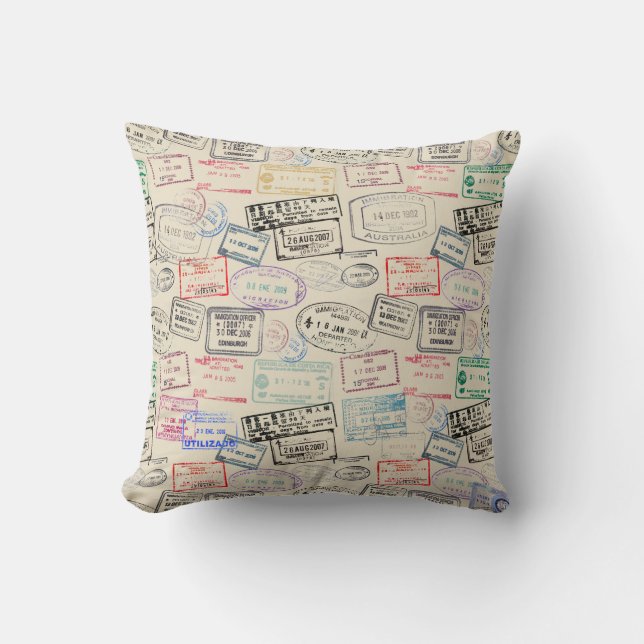 World Traveler Passport Stamp Pattern Throw Pillow (Front)