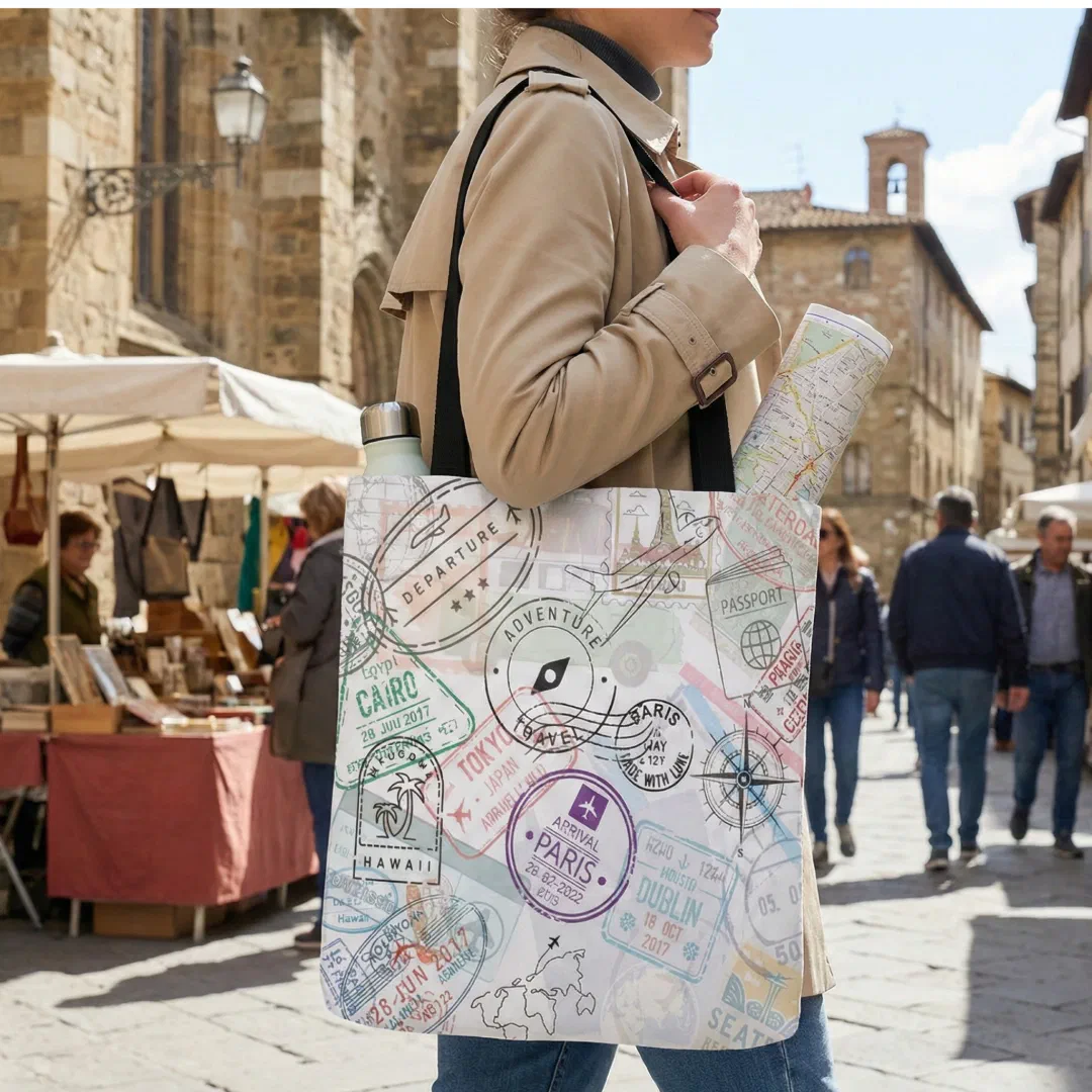 A person in a brown duffle jacket with a colorful tote bag hanging off their shoulder. There are many country stamps displayed on the bag and compass symbolism. There's a market in the background with old brick-style architecture.