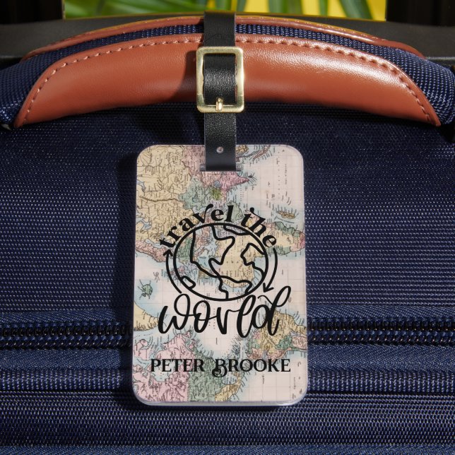 World Traveler Pink Map Personalized  Luggage Tag (Front Insitu 2)