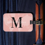 World Traveler Rose Gold Map Custom Monogram Name Luggage Tag<br><div class="desc">Travel the world in style! This modern luggage tag features a rose gold / blue pink map of the world background with black and white custom monogram that can be personalized with your first or last name and initial letter.</div>
