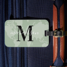 World Traveler Sage Green Map Custom Monogram Name Luggage Tag
