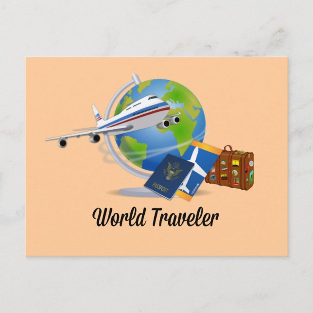 World Traveler. Suitcase, tickets and passport. Postcard (Front)